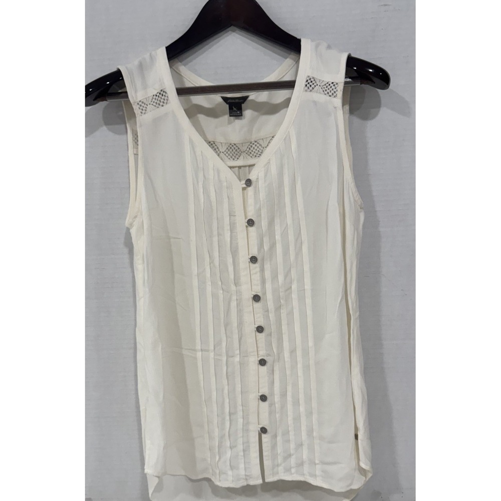 Eddie Bauer Womens Ivory White Pintuck Lace Sleeveless Button Down Blouse Size M